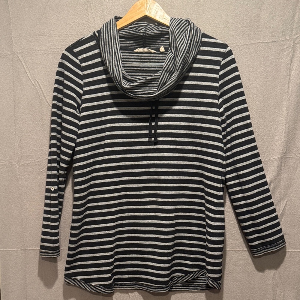 Soft Surroundings Black and Gray Striped Cowl Neck Sweater